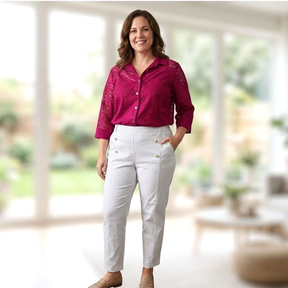 NWT Zac & Rachel Sailor Button Pull On Pants White Gold Tone Ankle Trouser Sz14